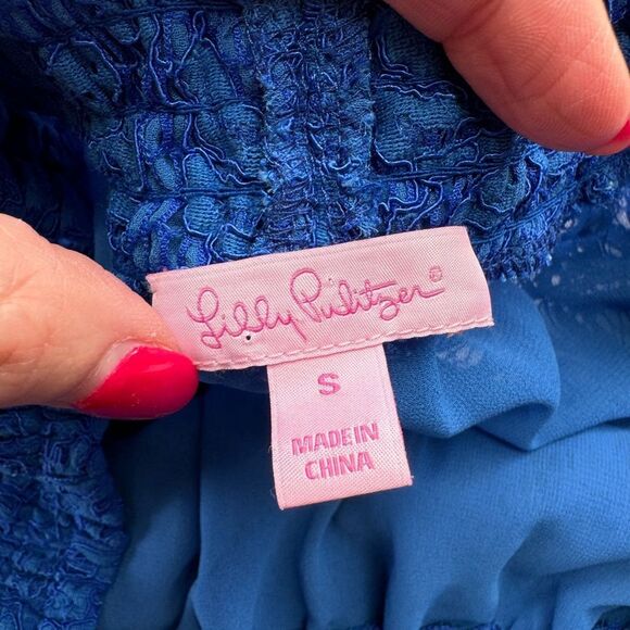 Lilly Pulitzer Women’s Sm Tobyn Top Ikat Cobalt Blue Palm Tree Lace Off Shoulder - Picture 11 of 14